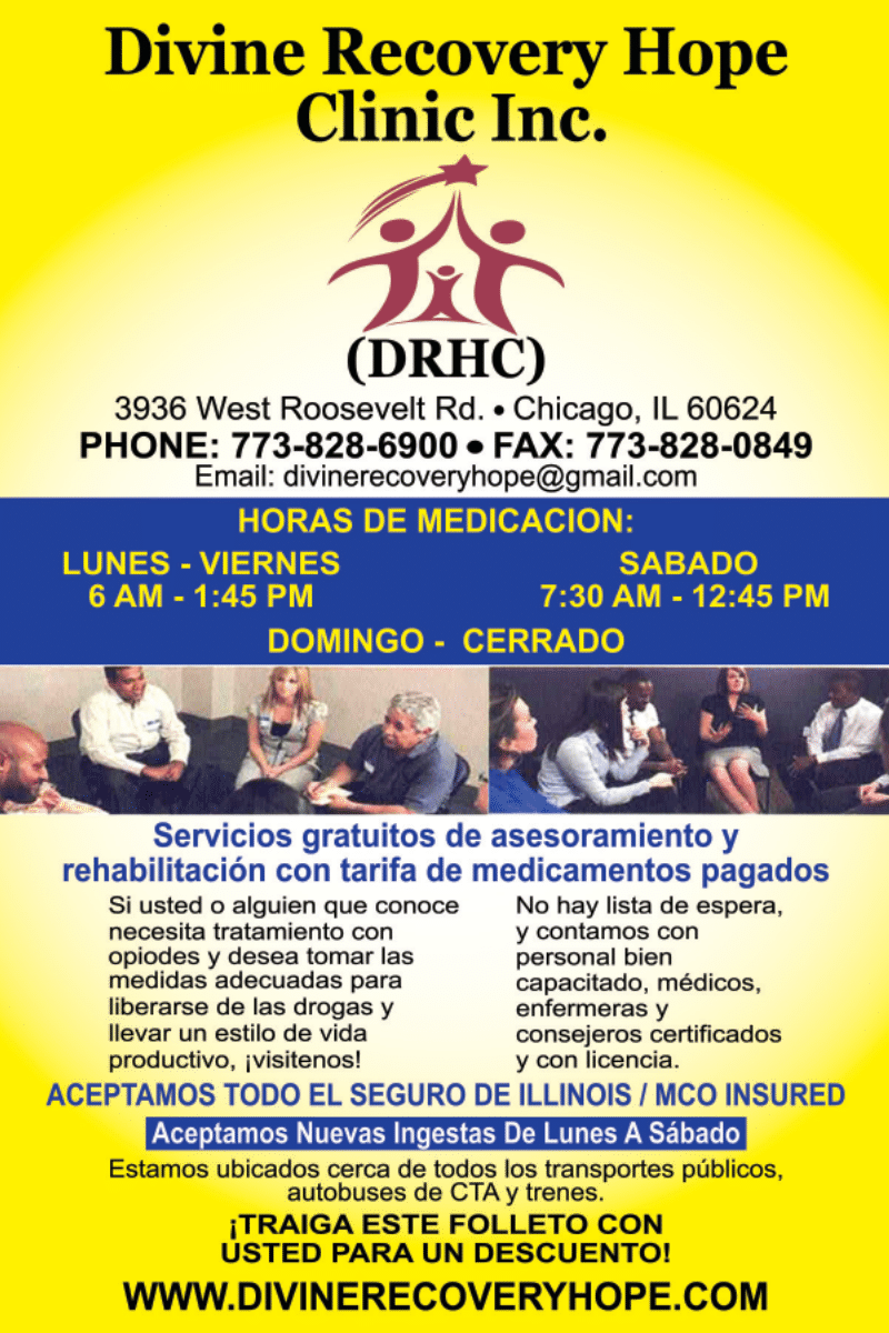 Divine Recovery Hope Clinic flyer in Spanish with contact information and medication hours